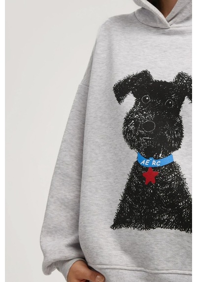 Hiccup Oversize Baskılı Kapüşonlu Sweatshirt Gri
