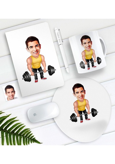 Kişiye Özel Bay Halterci Karikatürlü Defter Kalem Kupa Mouse Pad
