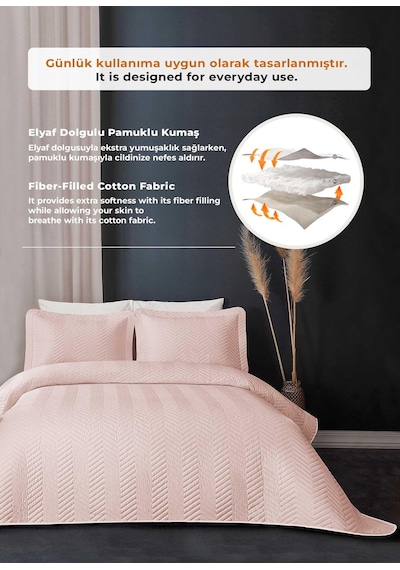 Evlen Home Ross %100 Pamuk Yatak Örtüsü Pike Takımı Çift Kişilik Kapitone Çizgili Günlük Yıkanabilir Pudra Pudra