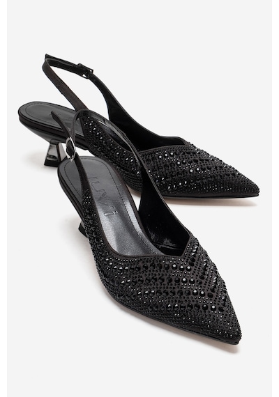 Luvishoes Royale Siyah Saten Taşlı Kadın Kısa Topuklu Abiye Ayakkabı