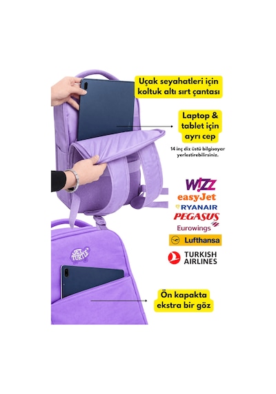 Jet Turtle Seyahat Sırt Çantası 40cm 40x25x15 Cm Pegasus, Wizz Air, Ryanair, El Valizi Koltuk Altı Valizi Lila