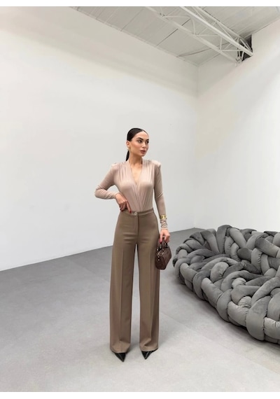 Defymoda 230 Gr Poly Viscose Lycra Metal Düğme Palazzo Pantolon Vizon