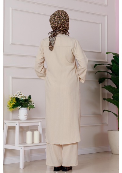 Sevitli Yırtmaç Detaylı Tunik Pantolon Takım-bej-4865