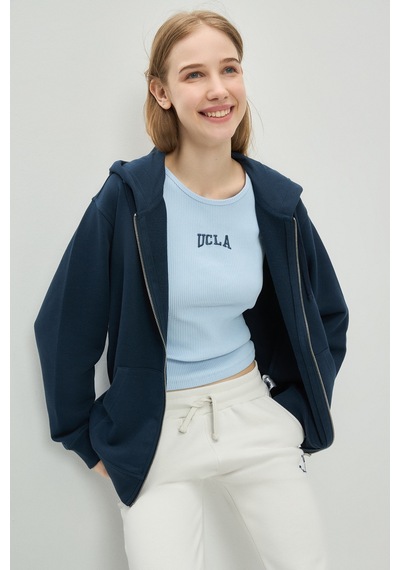 Ucla Vıvıana Lacivert Kapüşonlu Baskılı Fermuarlı Standard Fit Kadın Sweatshirt Lacivert