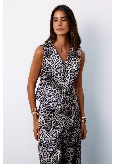 Sateen Kruvaze Leopar Saten Yelek - Gri-135187 Gri