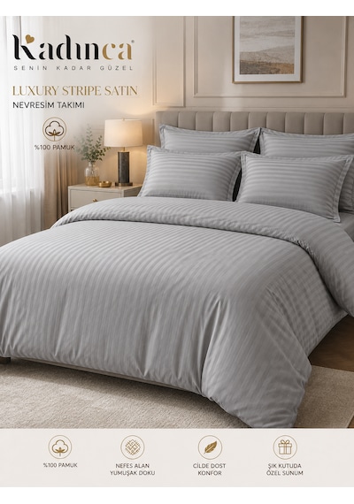 Luxury Stripe Pamuk Saten Nevresim Takımı 6parça Gri