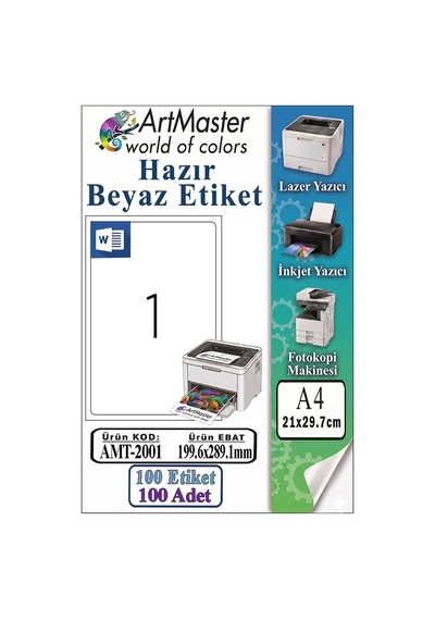 A4 Hazır Beyaz Etiket 199.6x289.1mm 100 Sayfa 1 Paket Kendinden Yapışkanlı Fotokopi Lazer İnkjet Kağıdı Yazıcılara İçin