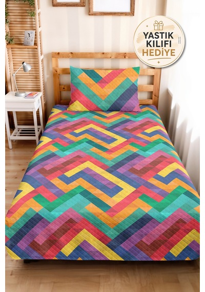 Geometrik Renkli Genç Odası Tek Kişilik Pike Takımı - Zigzag Turkuaz Sarı 160x220 Cm Yatak Örtüsü Dokulu Gölge Sükuneti
