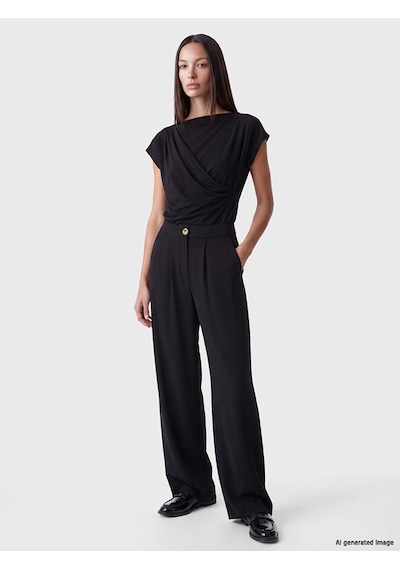 Lcw Everyday Siyah Loose Fit Kadın Pileli Kumaş Pantolon