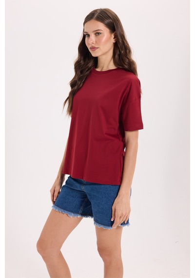 Tudors Kadın Relax Fit Rahat Kesim %100 Pamuk Bisiklet Yaka Bordo Tişört-51174