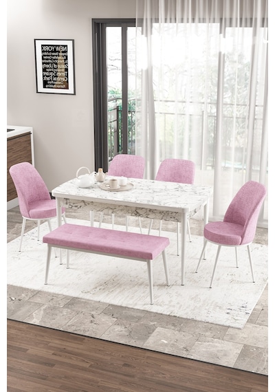 Canisa Concept Zen Serisi 80x132 Mdf Açılabilir Beyaz Mermer Desen Masa Takımı 4 Pembe Sandalye Ve 1 Bench Masa Beyaz Mermer Sandalye Ve Bench Pembe Canisa Concept Zen Serisi 80x132 Mdf Açılabilir Beyaz Mermer Desen Masa Takımı 4 Pembe Sandalye Ve 1 Bench Masa Beyaz Mermer Sandalye Ve Bench Pembe