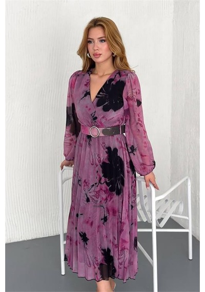 Neşeli Butik Kadın Kemerli Kruvaze Yaka Desenli Şifon Elbise Nbk20302 Pembe