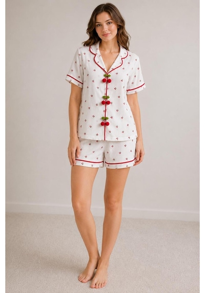 Pijamask Kadın Pamuklu Kısa Kollu Desenli Pijama Takımı Beyaz