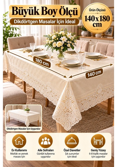 Krem 140x180 Cm Dantel Görünümlü Pvc Masa Örtüsü Sıvı Geçirmez Silinebilir Mutfak Masa Örtüsü Lüks