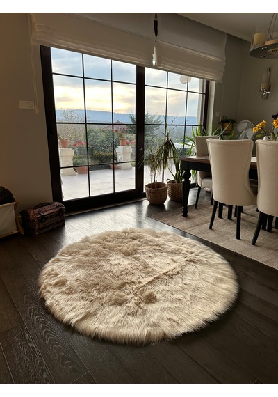 A Post Bej Yumuşak Dokulu Peluş Halı Yuvarlak