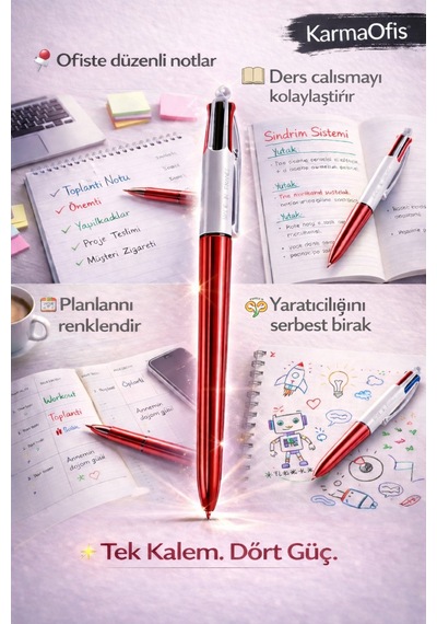 4 Colors Shine Çok Renkli Tükenmez Kalem Kırmızı Kırmızı