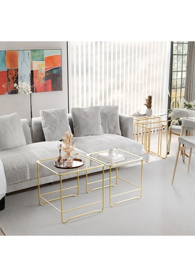 Orta Sehpa Salon Oturma Odası İkili Kare Gold Altın