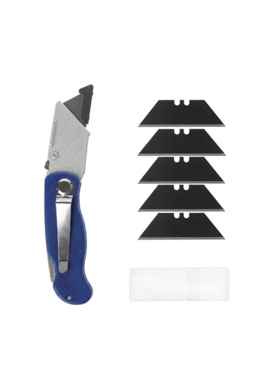 Çakı Tipi Katlanır Maket Bıçağı, Halı Falçatası, 5 Yedek Bıçak İle Mavi
