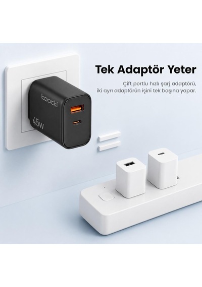 Toocki 45w Gan Hızlı Şarj Adaptörü, Type-c Ve Usb-a Çift Portlu Akıllı Güç Dağıtımlı Telefon Ve Tablet Şarj Cihazı