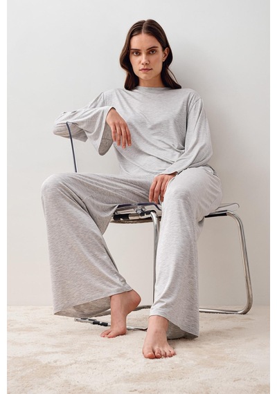 Uzun Kollu Oversize Basic Likralı Viskoz Alt Üst Takım 20210 Gri