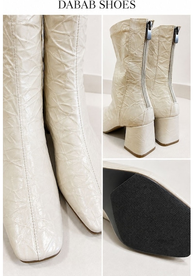 Dabab Shoes Janıce Kadın Bej Küt Kare Burun Kırışık Desenli Rugan Streç Arkadan Fermuarlı 6 Cm Kalın Topuklu Bot Bootie