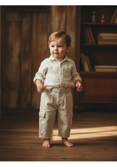 Zekids Erkek Bebek Rahat Kesim Cepli Pantolon-17196 Krem