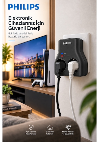 Philips Chp7022b/62 İkili Akım Korumalı Priz 1140j Aşırı Gerilim Koruma Yok