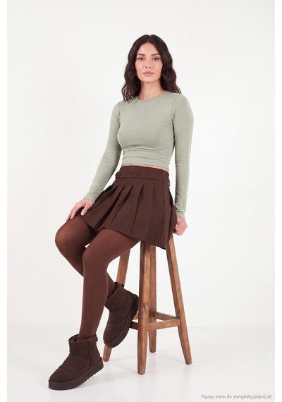 Lela Pamuklu Bisiklet Yaka Crop Bluz Kadın Bluz 5867060 Olive