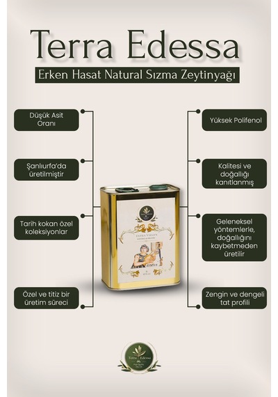 Terra Edessa Olio High Quality Olive Oil Erken Hasat Natürel Sızma Zeytinyağı - 2 Litre - Mezopotamya'nın Bereketli Lezzeti