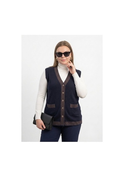 Onno Style Women Bantı Hasır Desenli Çelik Örgü Klasik Triko Yelek Lacivert