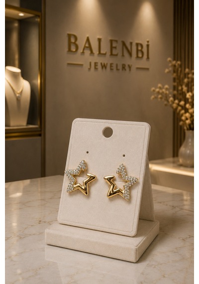 Balenbi Gold Renk Paslanmaz Çelik Yıldız Figürlü Zirkon Taşlı Küpe 1043 Altın