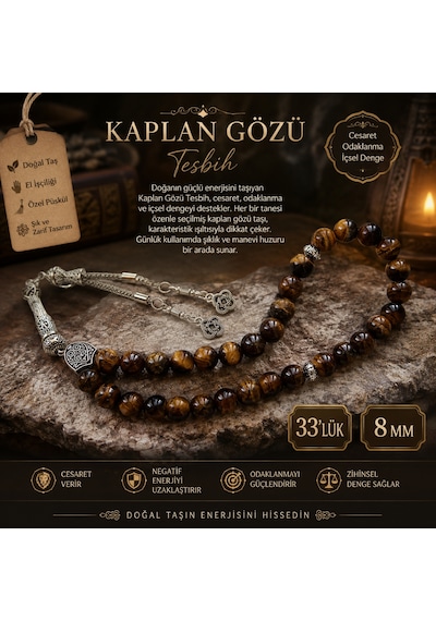 Kaplangözü El Yapımı 33'lük Doğal Taş Tesbih 8 Mm - Cesaret Ve Güç Taşı Kahverengi