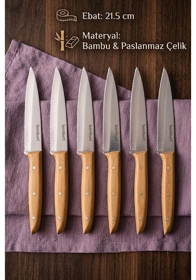 Bambum Gea 6'lı Bambu Saplı Steak Bıçağı Seti 21.5 Cm - Paslanmaz Çelik Lazer Tırtıklı Et Bıçağı