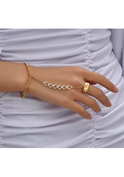 Girift Vintage Silva Gold Taşlı Zincirli Şahmeran El Takısı - El Aksesuarı Altın