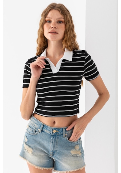 Giysa Kadın Polo Yaka Çizgili Pamuklu T-shirt Siyah Beyaz - 25795 Siyah - Beyaz