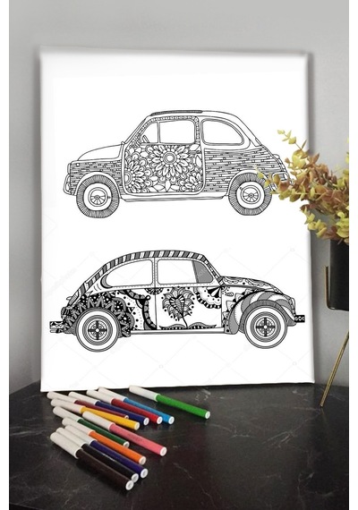 Araba 4 40x30cm Çocuklar Için Özel Boyanabilir Tablo Tuval Mandala Kalem Hediyesi Yoktur.