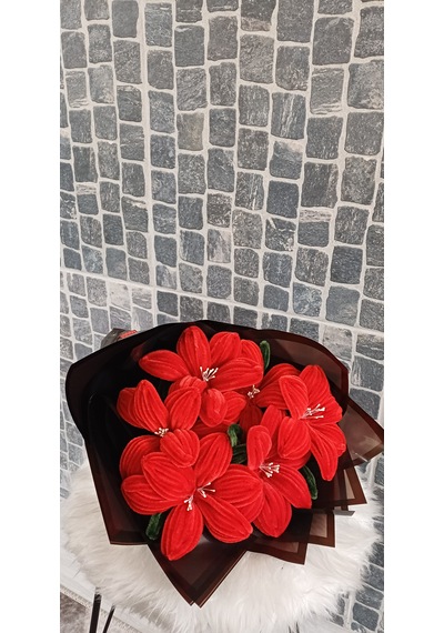 Örgümania Solmayan Çiçek Buketi -lilyum - Hediye Çiçek Buketi- Şönil Çiçek Gül Kırmızısı