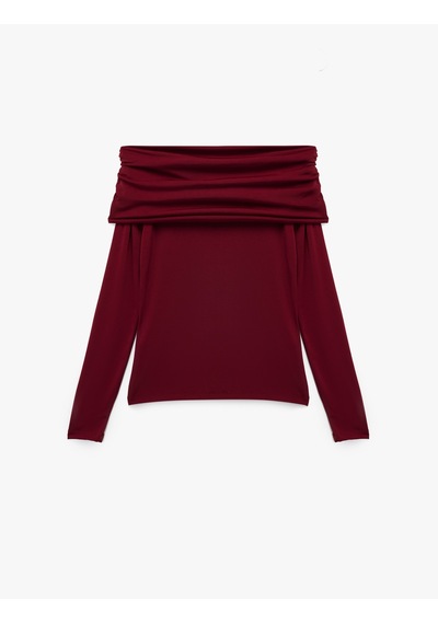 Koton Slim Fit Uzun Kollu Drapeli Omzu Açık Tişört Bordo 6wak80032ek Bordo