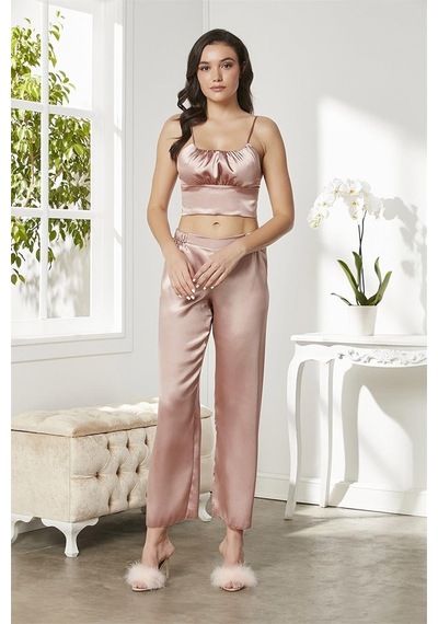 Pierre Cardin 2075 Kadın Saten Sabahlıklı Pijama Takım-brandy Pembe