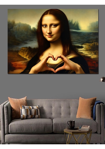 Kalp İşareti Yapan Mona Lisa Dekoratif Kanvas - Mdf Ahşap Tablo
