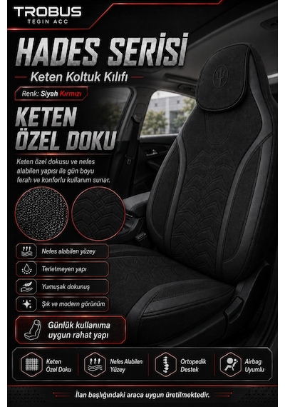 Tesla Model 3 2017 Ve Sonrası Uyumlu Hades Serisi Keten Koltuk Kılıfı Siyah