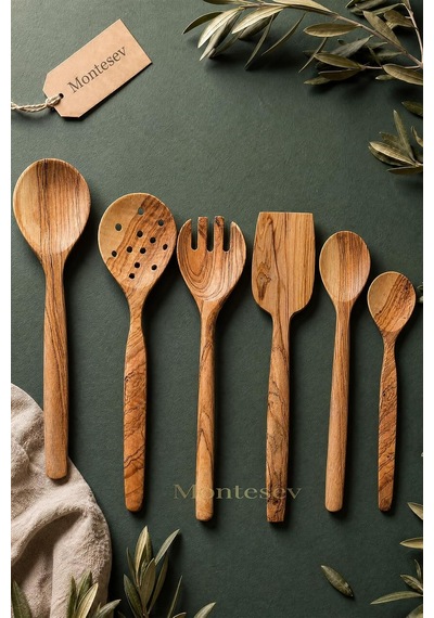 Tr Zeytin Ağacı Ahşap Tahta Kaşık Çatal Kevgir Spatula Seti Zeytin Ağacı Ağaç Kaşık 6 Lı Set Zeytn-052 Genel