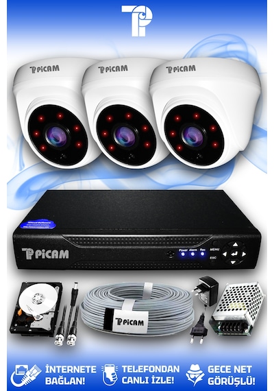 Picam 3 Kameralı Dome 3 İç Kamera Set 320 GB HDD Full HD Gece Görüşlü Güvenlik Kamerası Sistemi