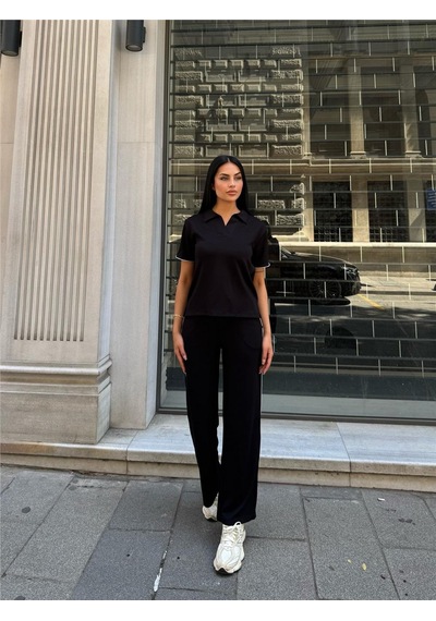 WeShaya Siyah Polyester Keten Polo Yaka Takım Siyah