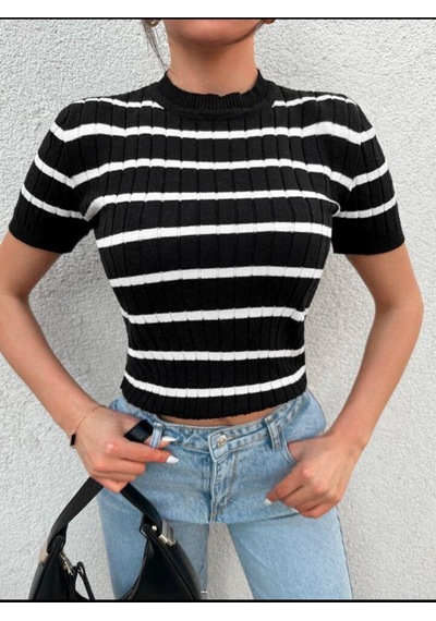 Ckm Moda Costa Yüksek Kalite Çizgili Kadın Bluz Siyah