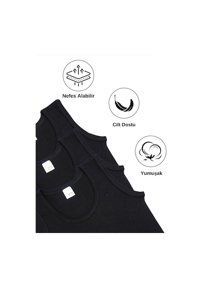 Alya Underwear Erkek Çocuk Pamuk Ribana Atlet Oval Yaka 3'lü Paket Siyah-t10