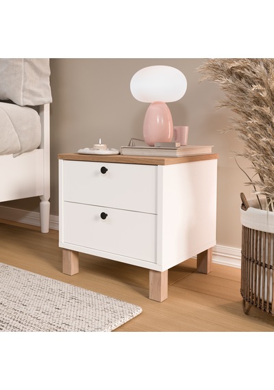 Robin Home Alaska Komodin 2 Çekmeceli Ahşap Ayaklı Sepet-beyaz Beyaz