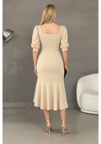 Defymoda Kadın Balık Model Cazibeli Elbise Bej