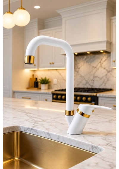 Viosa Beyaz Köşe Borulu Delta Gold Detaylı Banyo Lavabo Bataryası Aç Kapa Döner Borulu Musluk Siyah