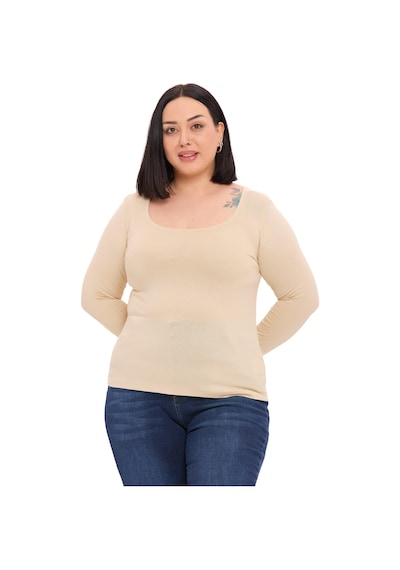 Disentis Büyük Beden U Yaka Uzun Kollu Viskon Bej Rengi Body Bej